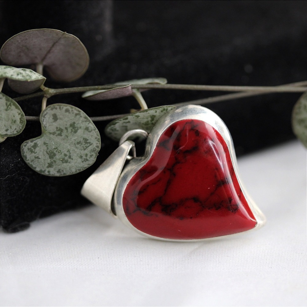 ATI Sterling Silver 925 Red Heart Stone Pendant Large Bail Statement Jewelry